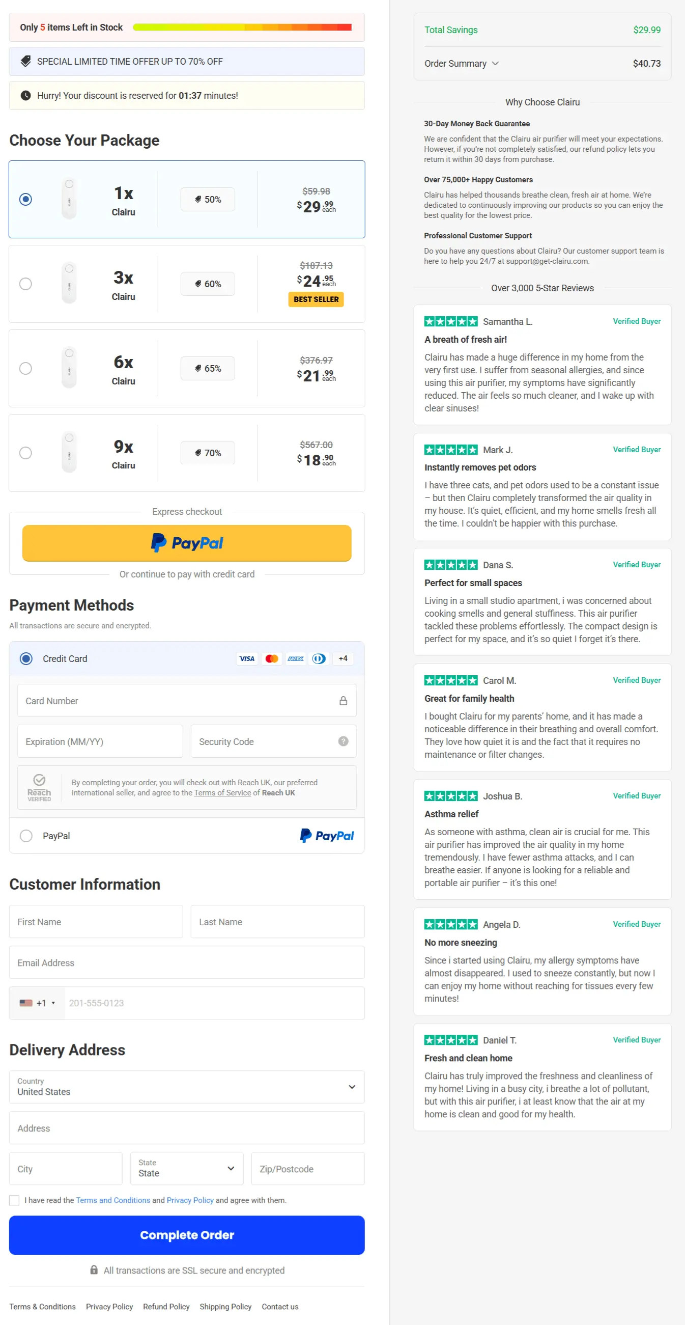 Clairu Air Purifier checkout page